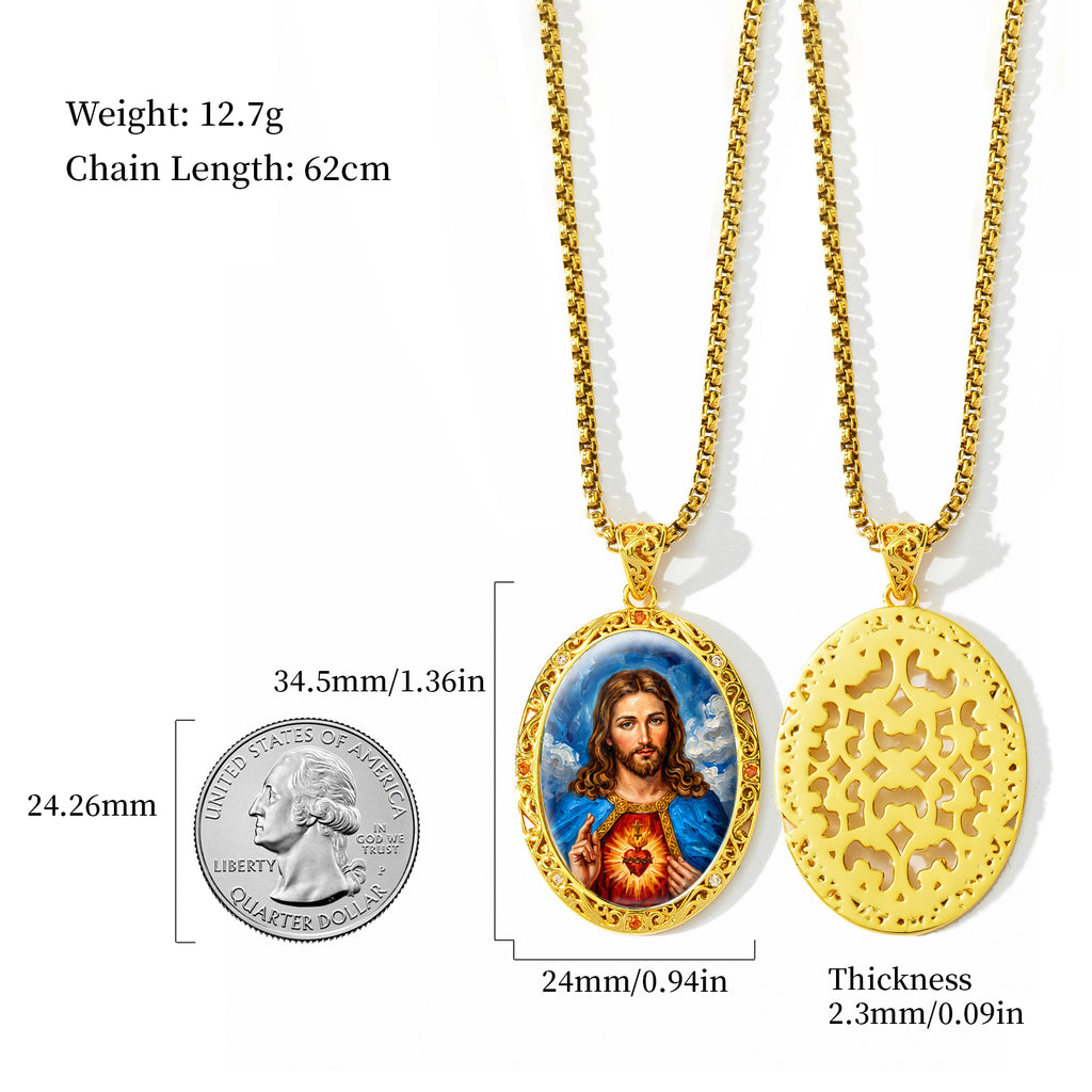 18K Gold Plated Sacred Heart Jesus Pendant Necklace, Enamel Catholic Jewelry with Zircon Accents