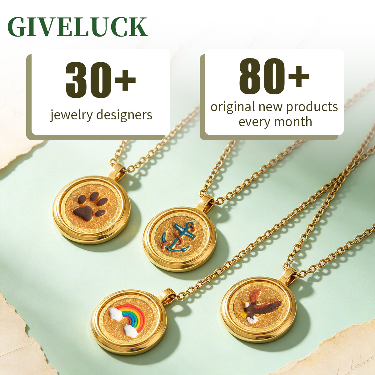 GIVELUCK Charms 18K Gold Plated , Handpainting Cameo Necklace, Horseshoe Necklace, Happy Birthday Charm Fit for Valentine's Day Mother's Day Jewelry Gift for Men and Women