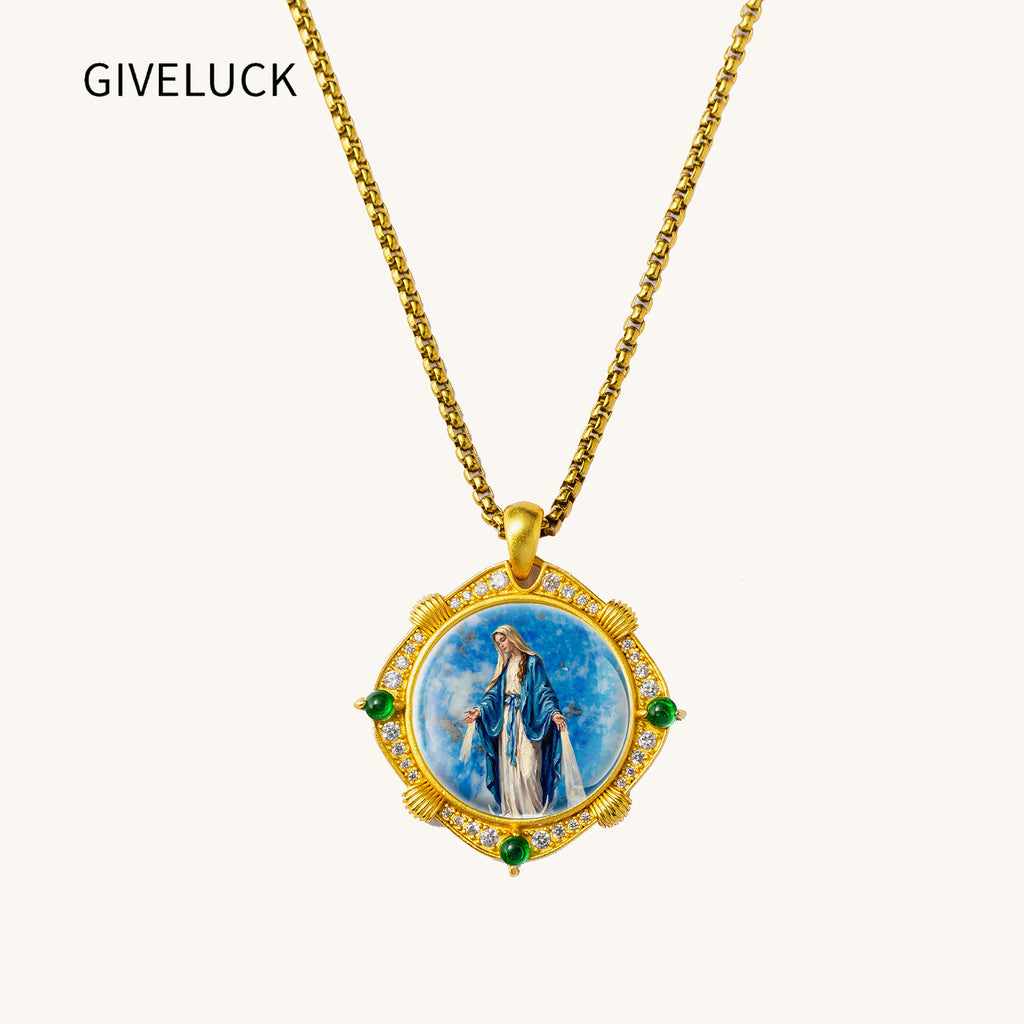 Miraculous Medal Necklace, Lapis Lazuli Pendant, 18K Gold Plated Catholic Jewelry (Round or Oval)