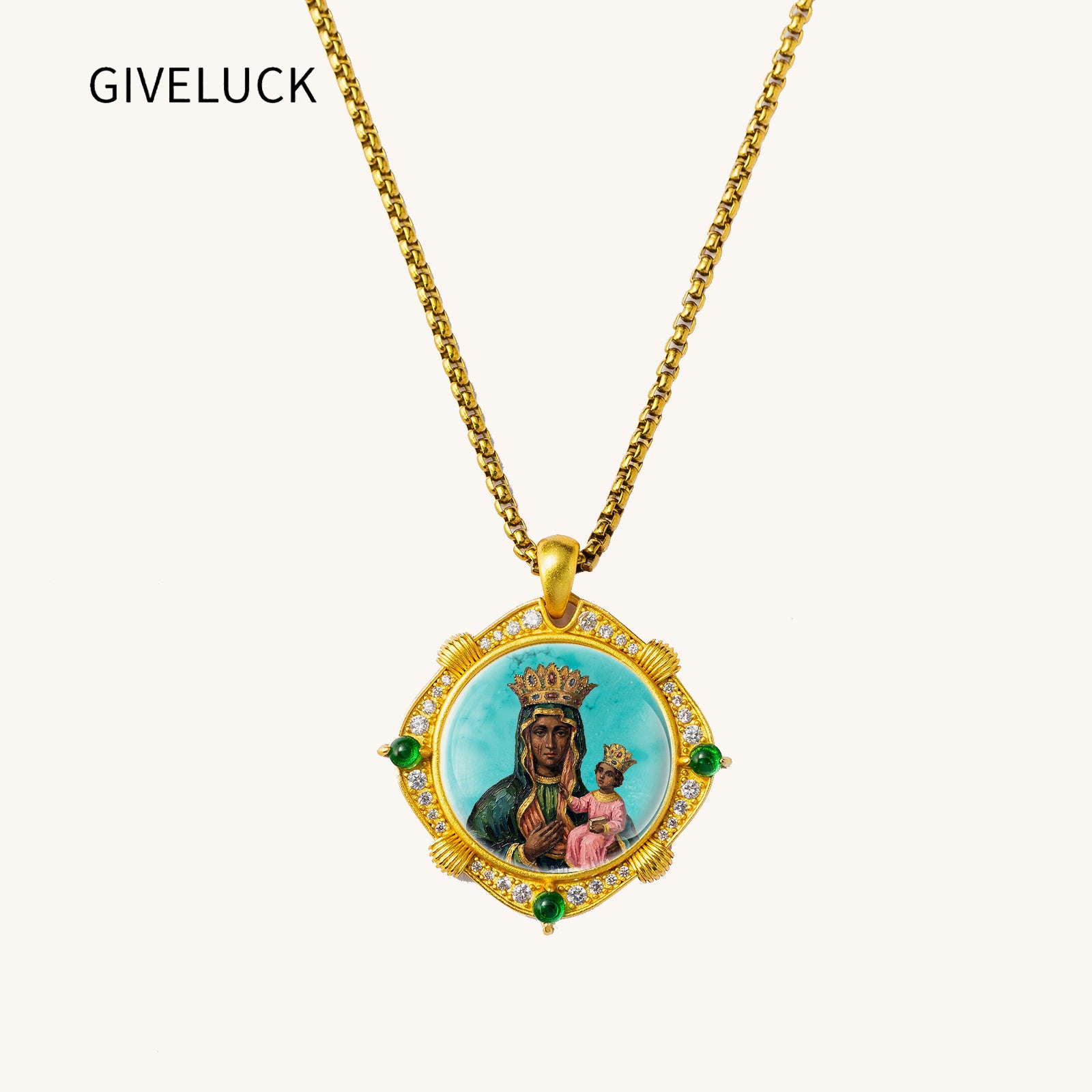 GIVELUCK Black Madonna Necklace for Men & Women, 18K Gold Plated Turquoise Black Madonna Pendant with Zircon, Catholic Protection Jewelry Gift