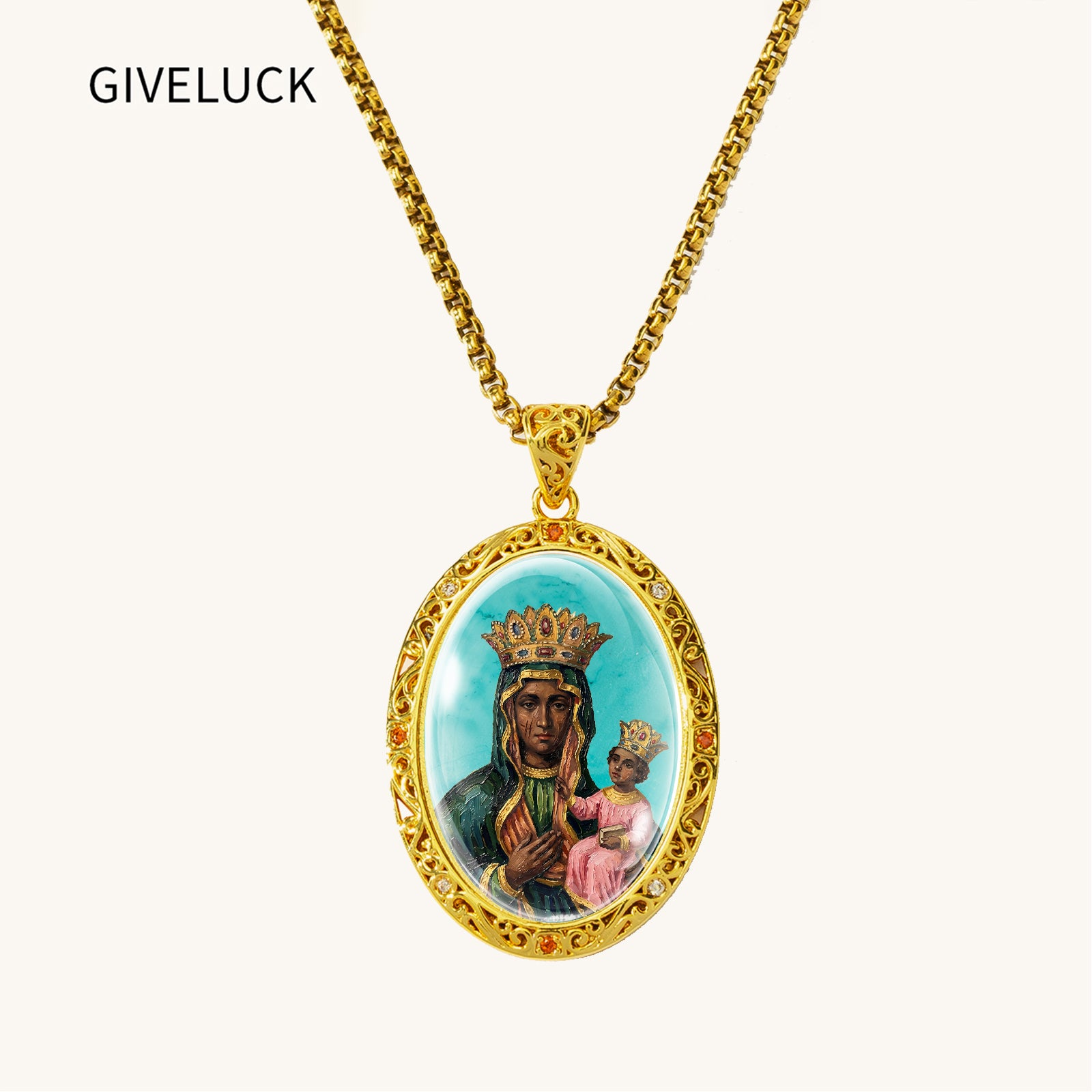 GIVELUCK Black Madonna Necklace for Men & Women, 18K Gold Plated Turquoise Black Madonna Pendant with Zircon, Catholic Protection Jewelry Gift