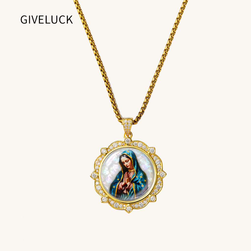 GIVELUCK Our Lady of Guadalupe Virgin Mary Miraculous Medal Necklace for Men & Women, 18K Gold Plated Mother of Pearl Saint Christopher Pendant with Zircon, Catholic Protection Jewelry Gift