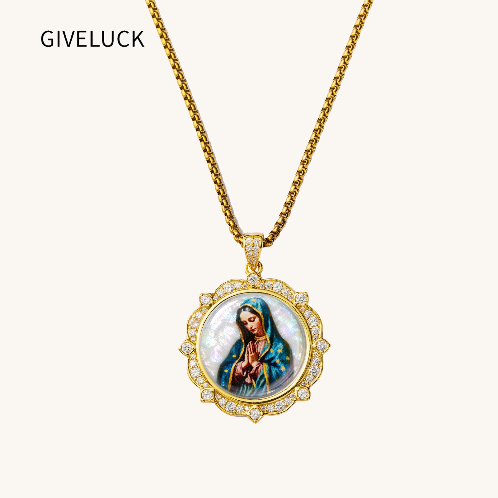 GIVELUCK Our Lady of Guadalupe Virgin Mary Miraculous Medal Necklace for Men & Women, 18K Gold Plated Mother of Pearl Saint Christopher Pendant with Zircon, Catholic Protection Jewelry Gift