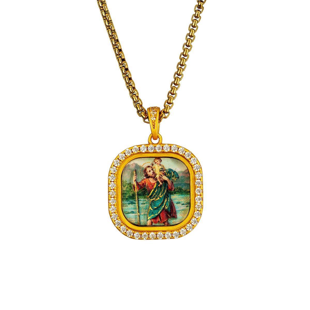 GIVELUCK 18k Plated Gold Zircon Saint Christopher Devotional Medal Pendant Necklace Catholic Protection Medal for Mean and Women（S）