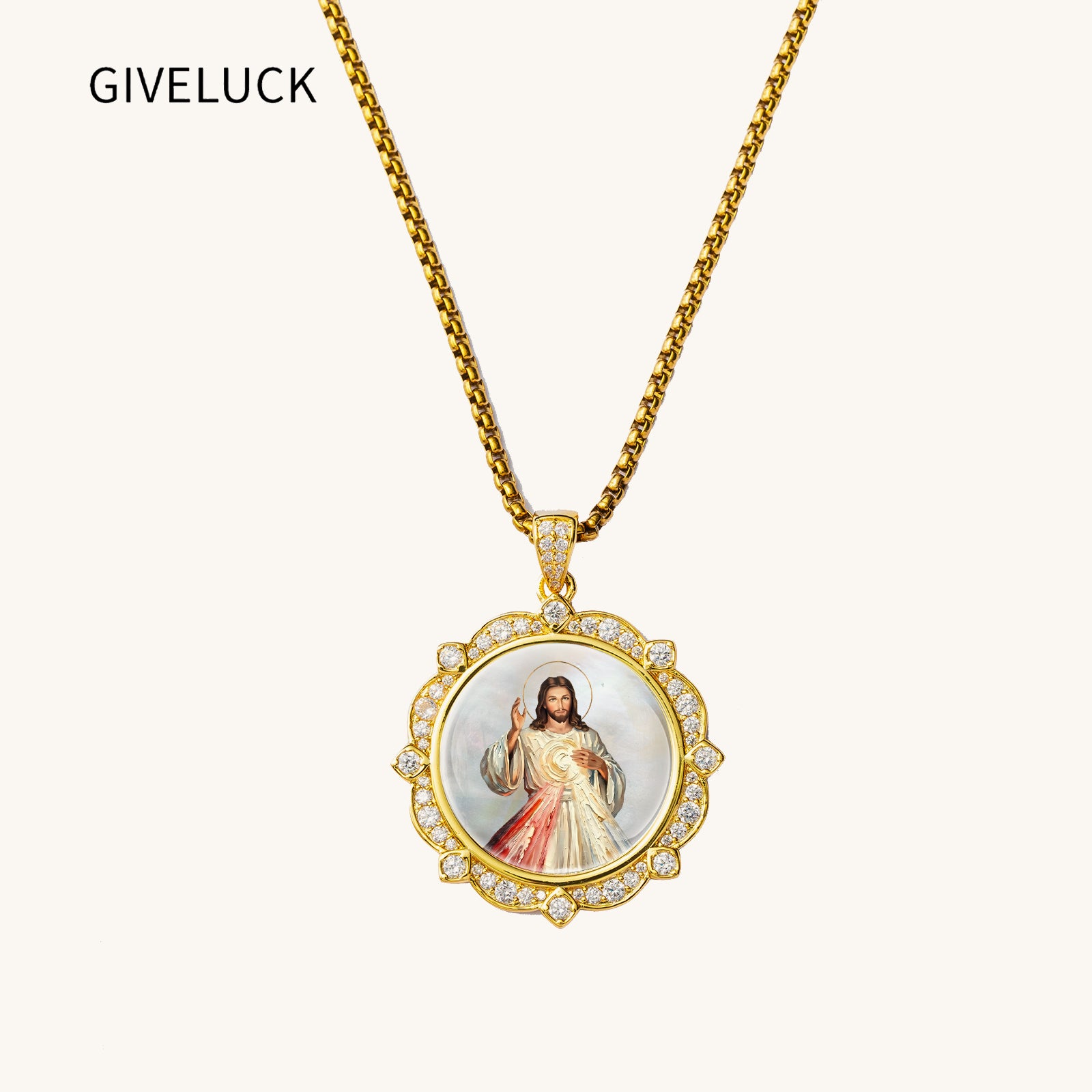 GIVELUCK Divine Mercy Jesus Christ Necklace for Men & Women, 18K Gold Plated Mother of Pearl Divine Mercy Jesus Christ Pendant with Zircon, Catholic Protection Jewelry Gift