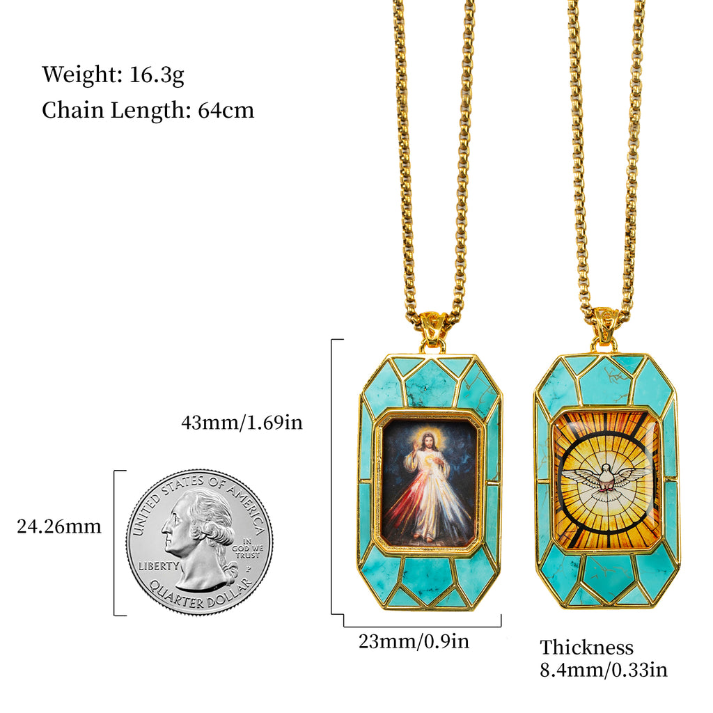 Divine Mercy Jesus Pendant Necklace, 18K Gold Plated, Turquoise or Mother of Pearl Inlay