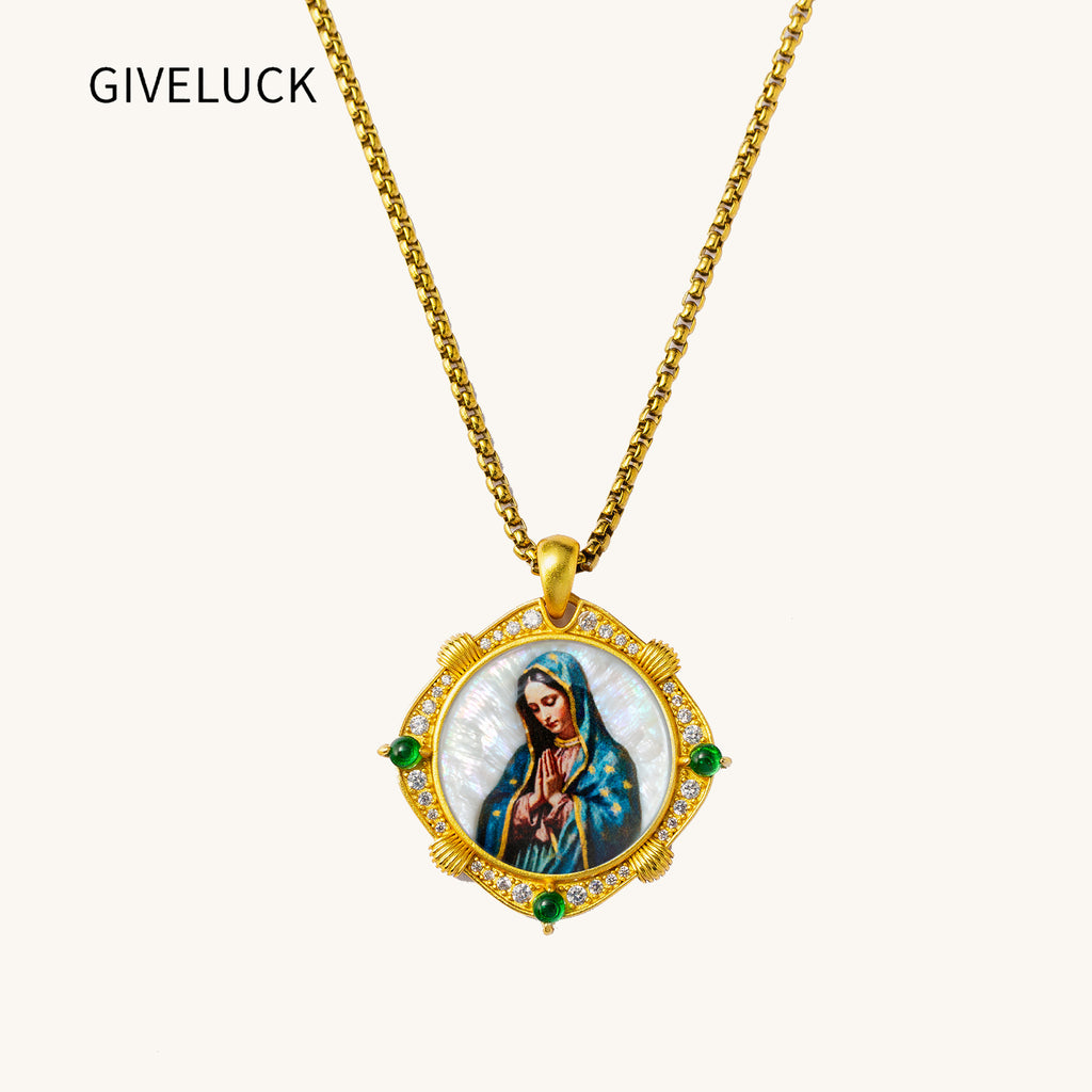 GIVELUCK Our Lady of Guadalupe Virgin Mary Miraculous Medal Necklace for Men & Women, 18K Gold Plated Mother of Pearl Saint Christopher Pendant with Zircon, Catholic Protection Jewelry Gift