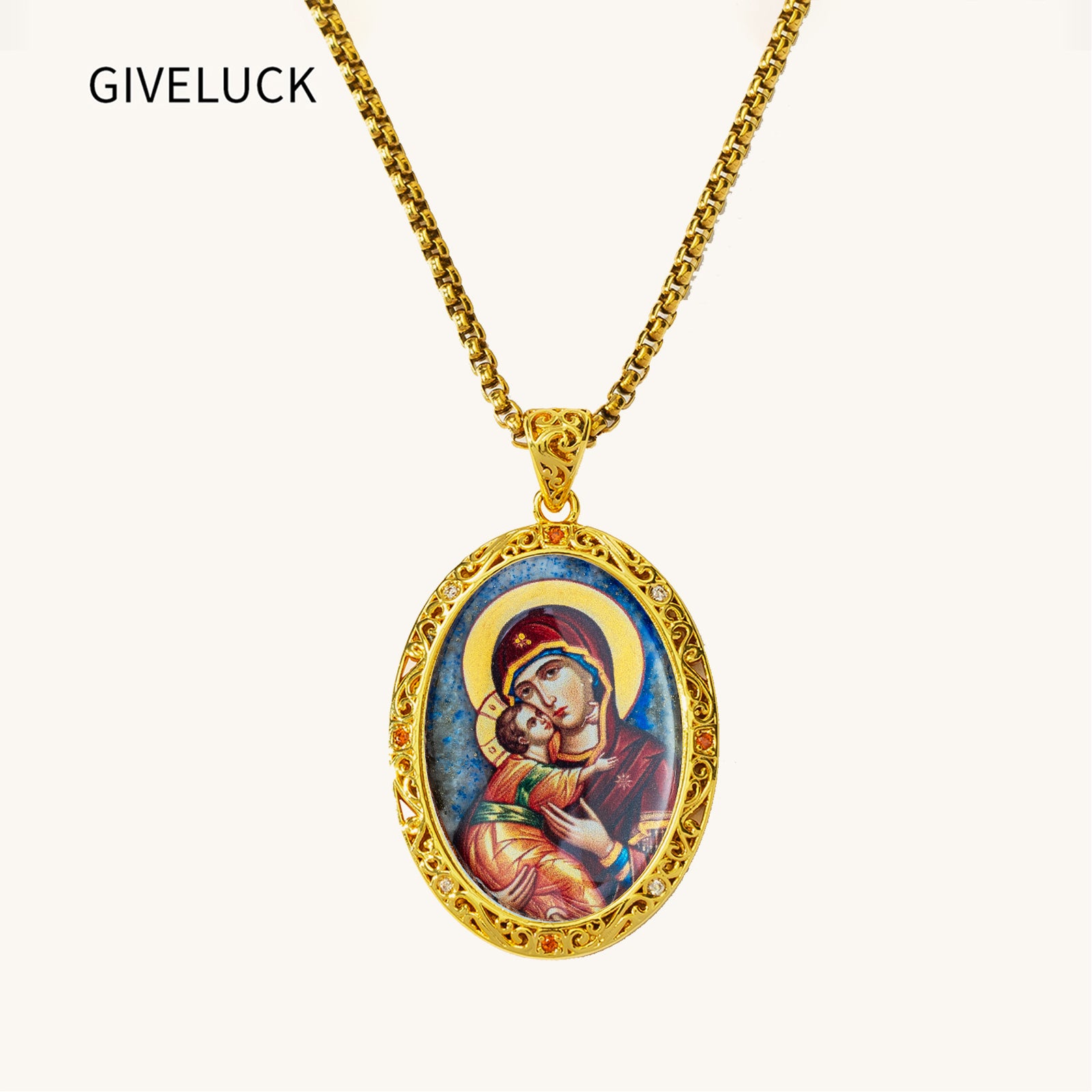 Hand-Painted Virgin Mary Icon Necklace, Mother of Pearl, Lapis Lazuli, Orthodox Christian Gift