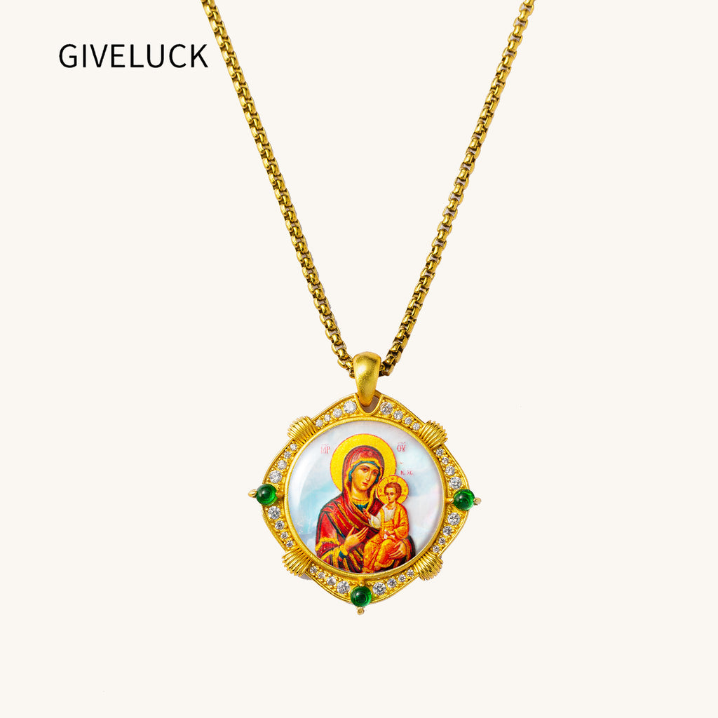 Theotokos of Kazan Mother of Pearl Oval Pendant Necklace, Orthodox Christian Icon Jewelry