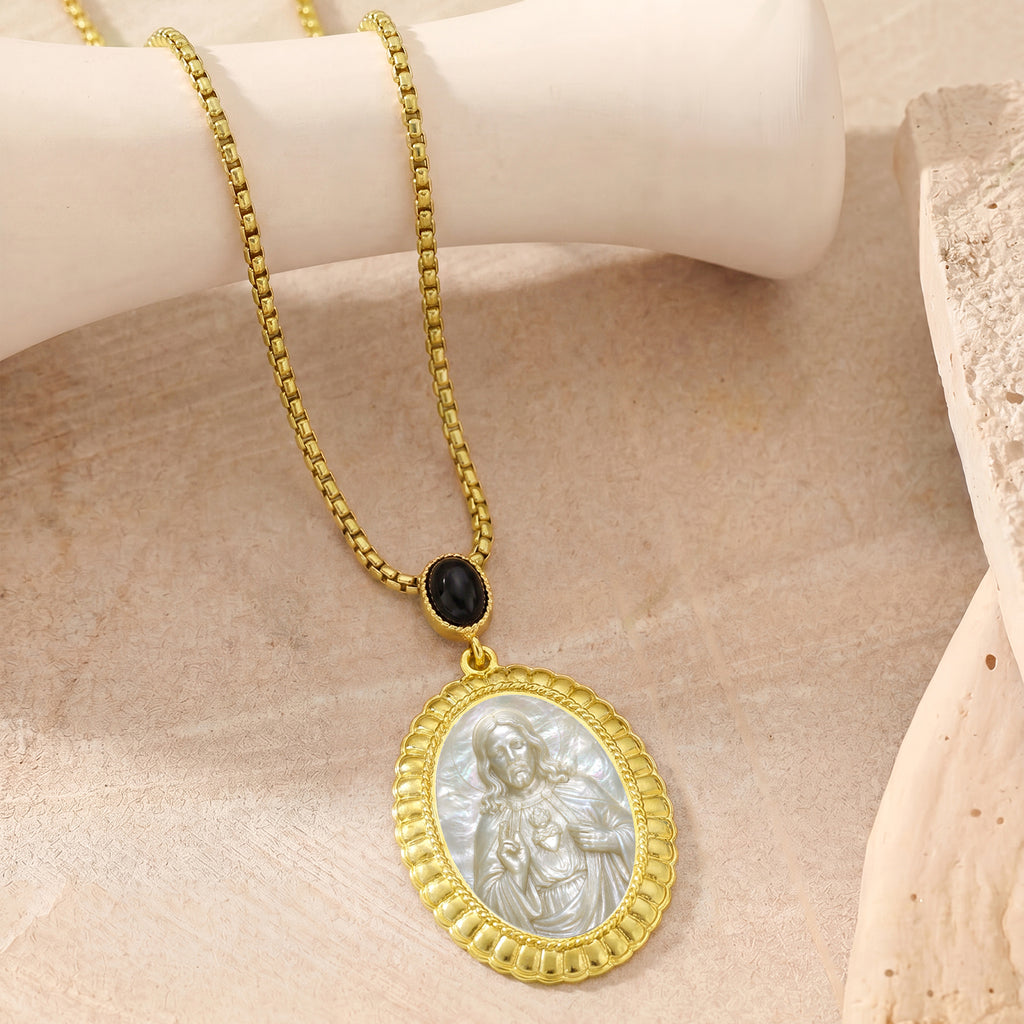 Sacred Heart Jesus Mother of Pearl Cameo Necklace, 18K Gold Plated Catholic Jewelry