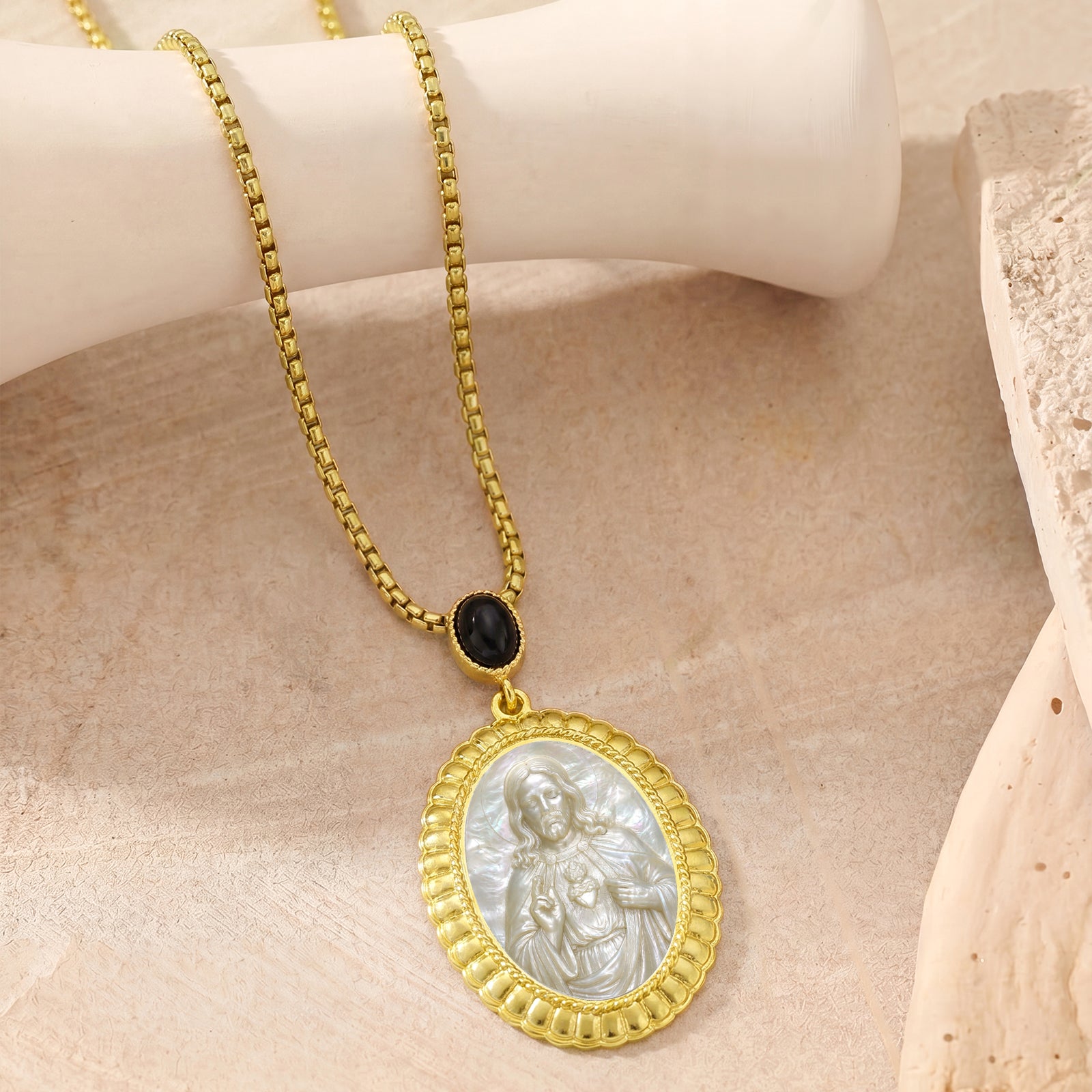 Sacred Heart Jesus Mother of Pearl Cameo Necklace, 18K Gold Plated Catholic Jewelry