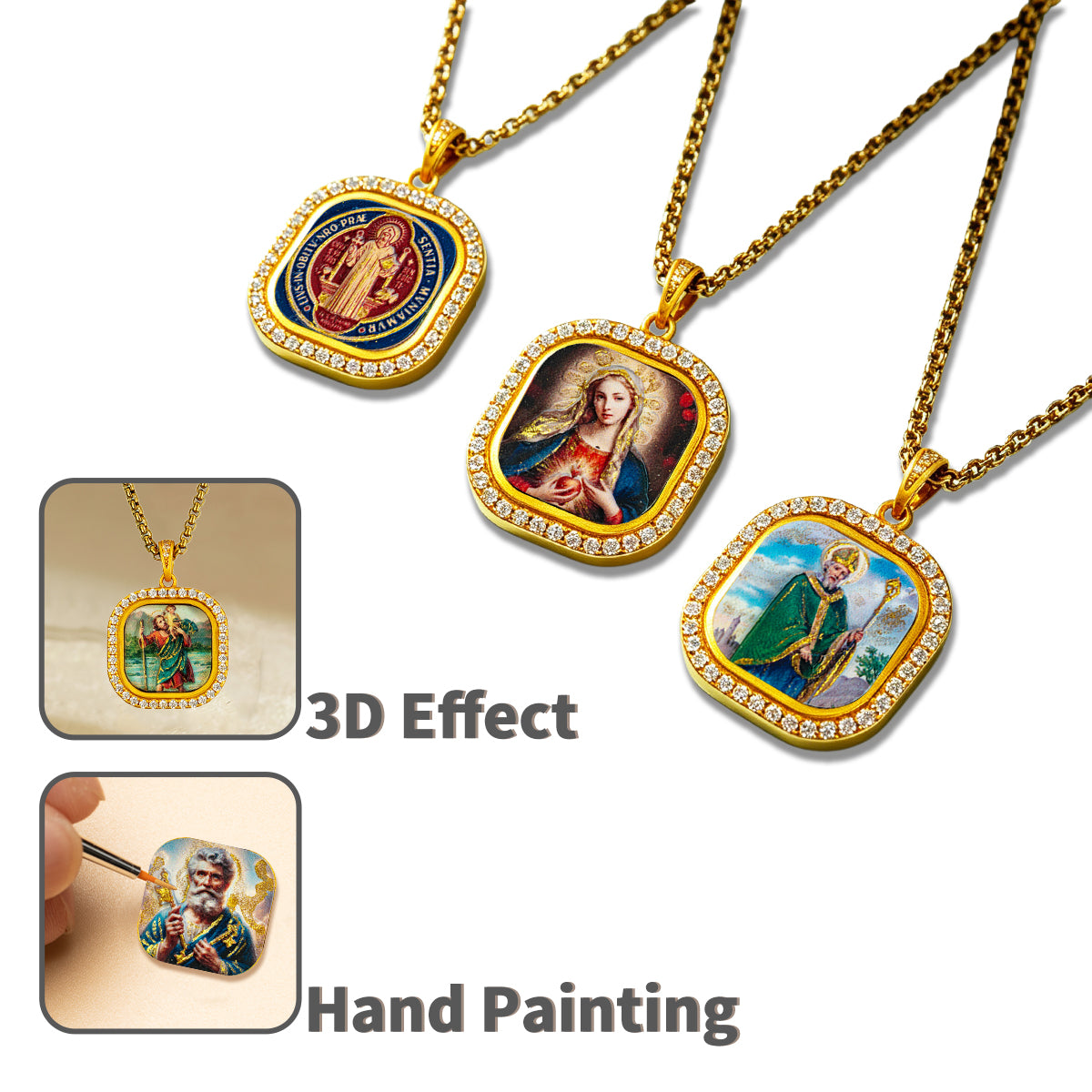 GIVELUCK 18k Plated Gold Catholic Zircon Pendant Necklace Cameo Embossing Mary-the-Blessed-Virgin Miraculous Medal（S）