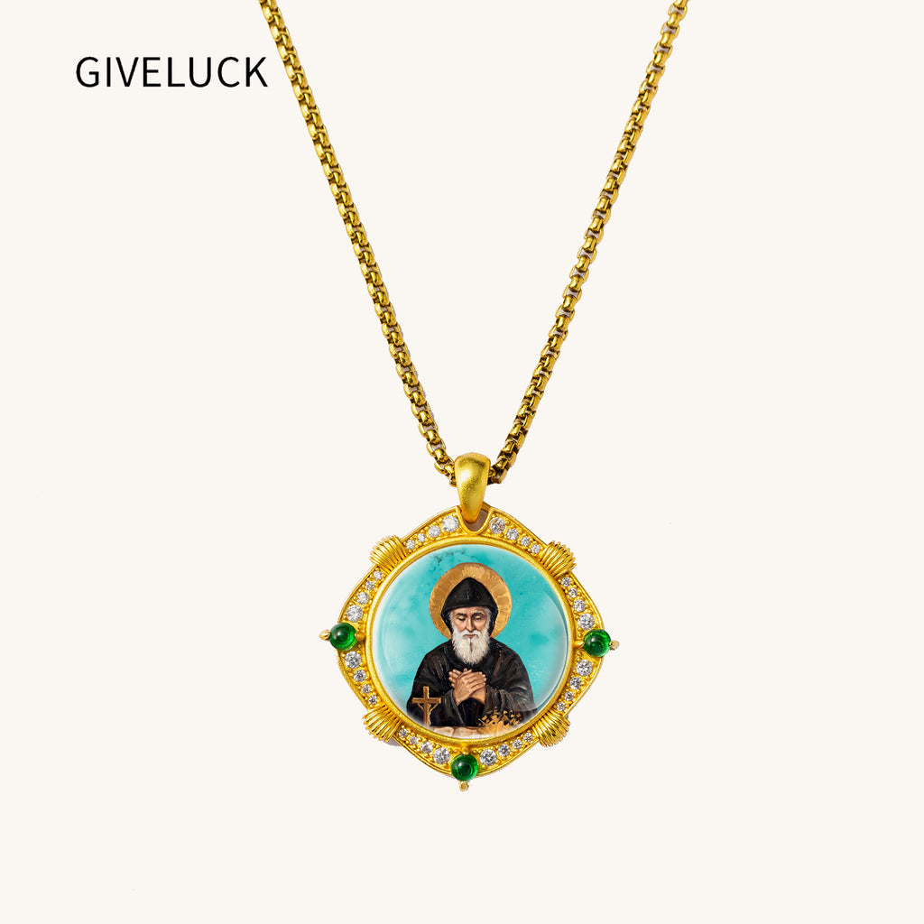 GIVELUCK St. Charbel Necklace for Men & Women, 18K Gold Plated Turquoise St. Charbel Pendant with Zircon, Catholic Protection Jewelry Gift