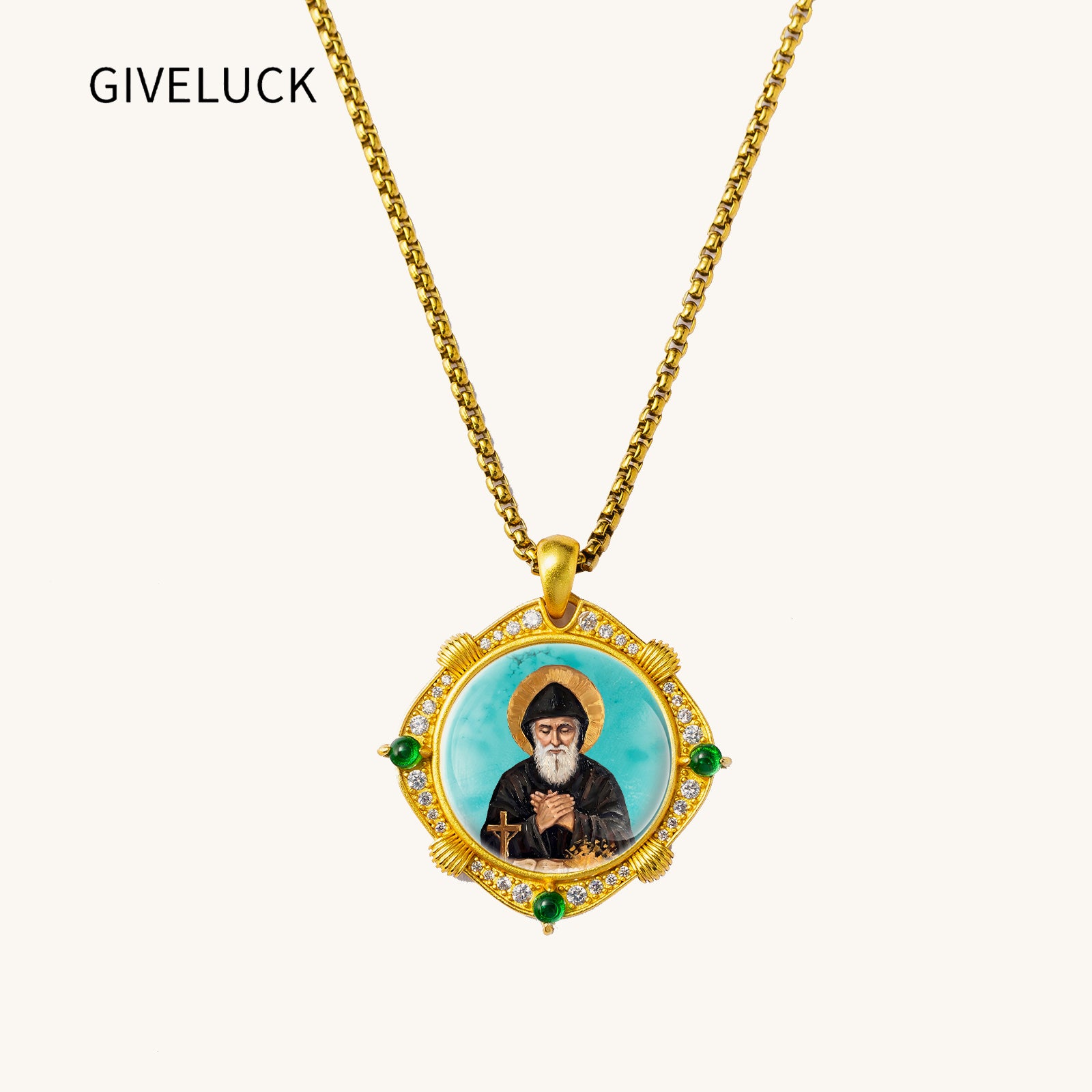 GIVELUCK St. Charbel Necklace for Men & Women, 18K Gold Plated Turquoise St. Charbel Pendant with Zircon, Catholic Protection Jewelry Gift