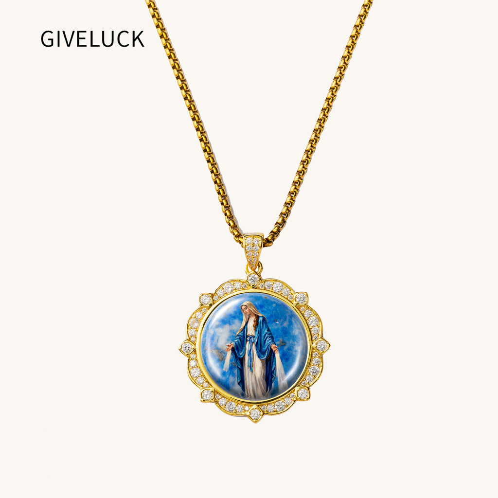 Miraculous Medal Necklace, Lapis Lazuli Pendant, 18K Gold Plated Catholic Jewelry (Round or Oval)