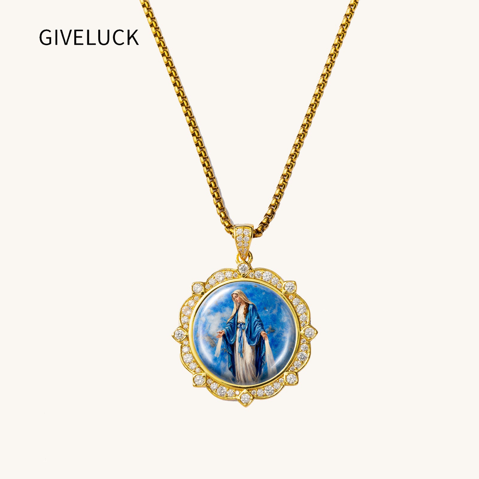 Miraculous Medal Necklace, Lapis Lazuli Pendant, 18K Gold Plated Catholic Jewelry (Round or Oval)