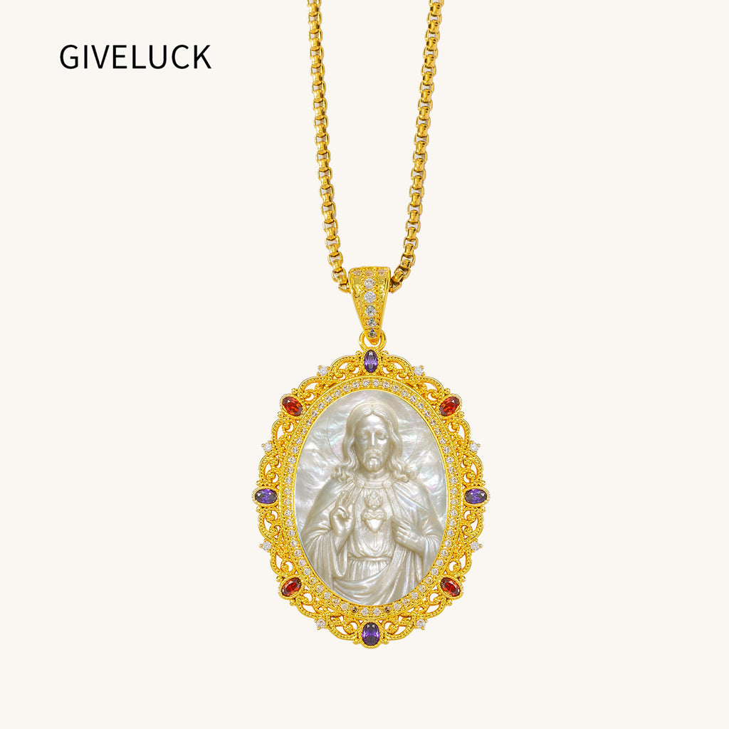 Sacred Heart Jesus Mother of Pearl Cameo Necklace, 18K Gold Plated Catholic Jewelry