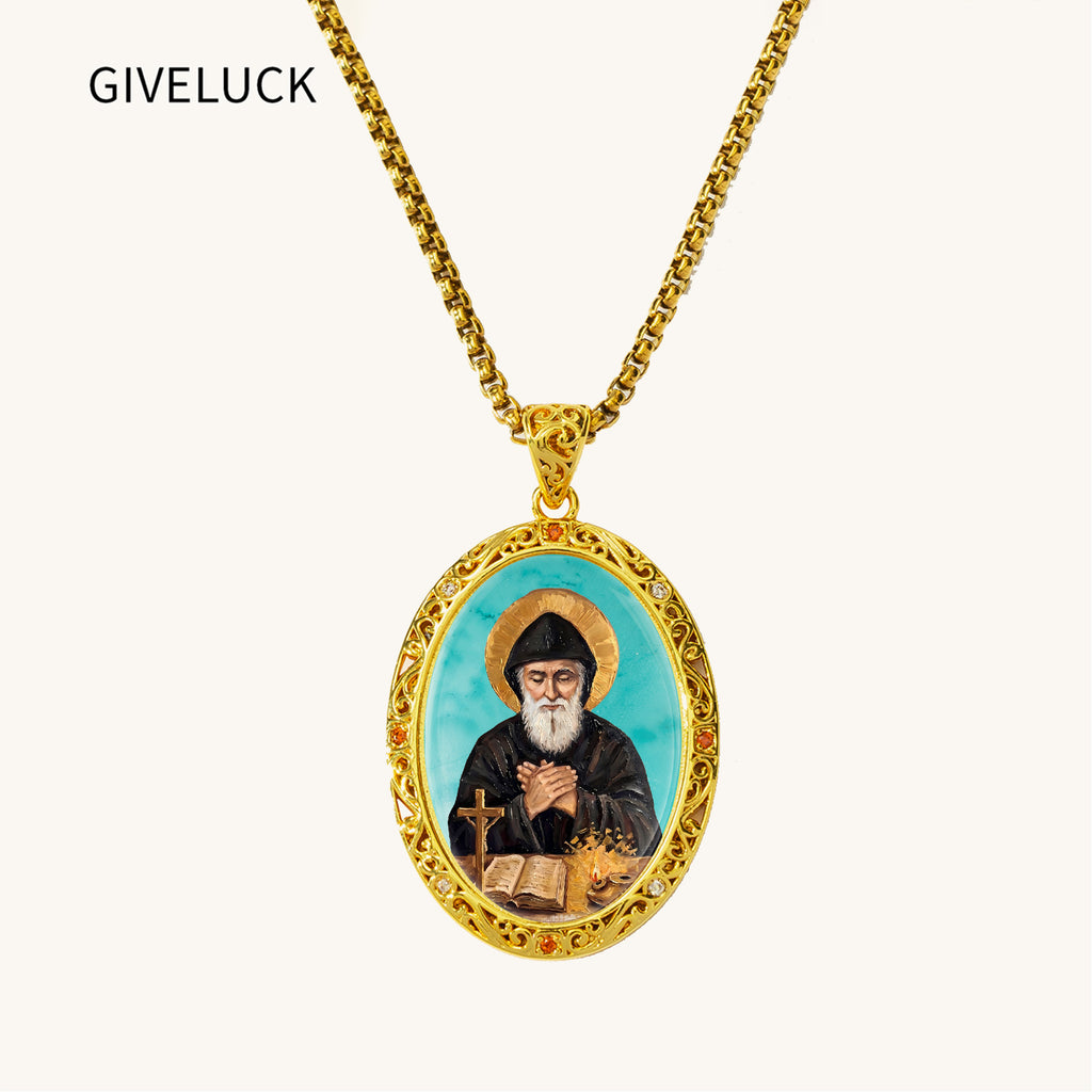 GIVELUCK St. Charbel Necklace for Men & Women, 18K Gold Plated Turquoise St. Charbel Pendant with Zircon, Catholic Protection Jewelry Gift