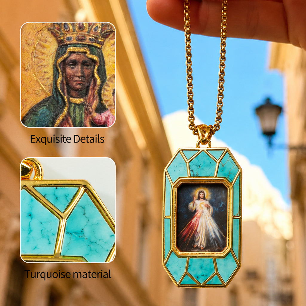 Sacred Heart Jesus Necklace, Christ Pendant, 18K Gold Plated Catholic Jewelry, Turquoise or Mother of Pearl Inlay, Hand Painted Medal