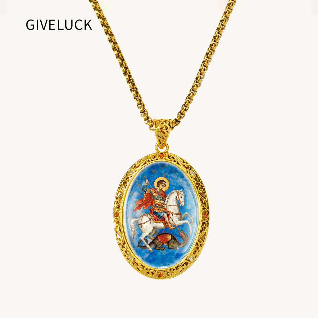 Saint George Medal Pendant, 18K Gold Plated Lapis Lazuli Catholic Jewelry