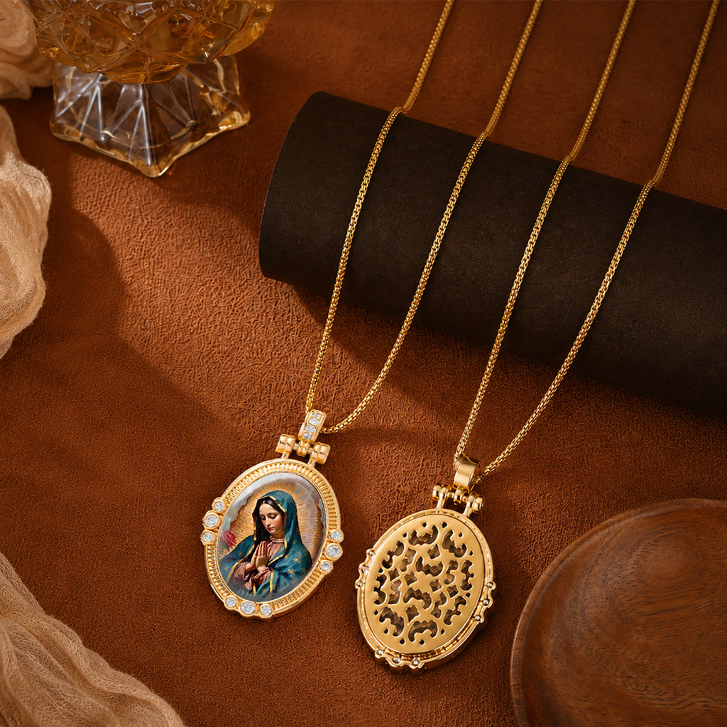 GIVELUCK 18K Gold Plated Our Lady of Guadalupe Necklace for Women, Authentic Vitreous Enamel Virgin Mary Pendant, Catholic Protection Jewelry Gift