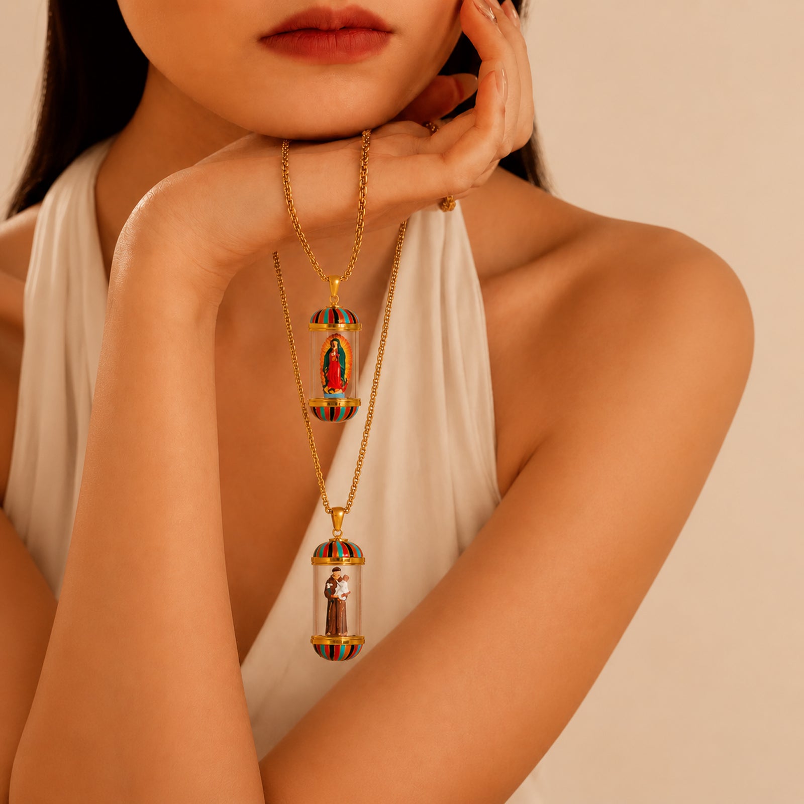 18K Gold Plated Saint Anthony Miniature Necklace, Saint Anthony Devotional Medal,  Hand‑Painted Sacred Art Faith Jewelry for Men and Women