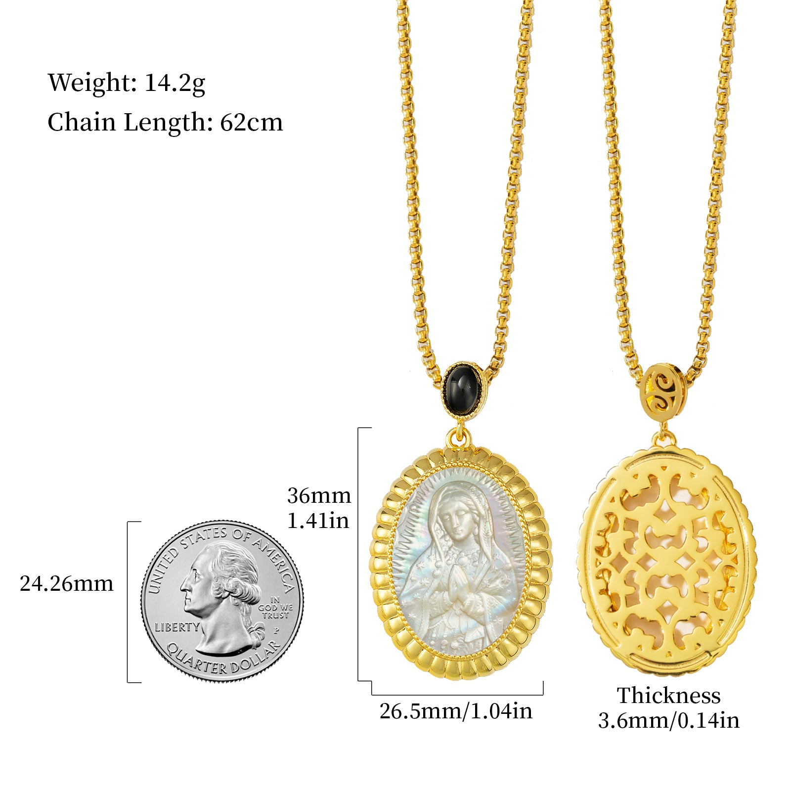 Our Lady of Guadalupe Mother of Pearl Cameo, 18K Gold Plated Virgin Mary Pendant