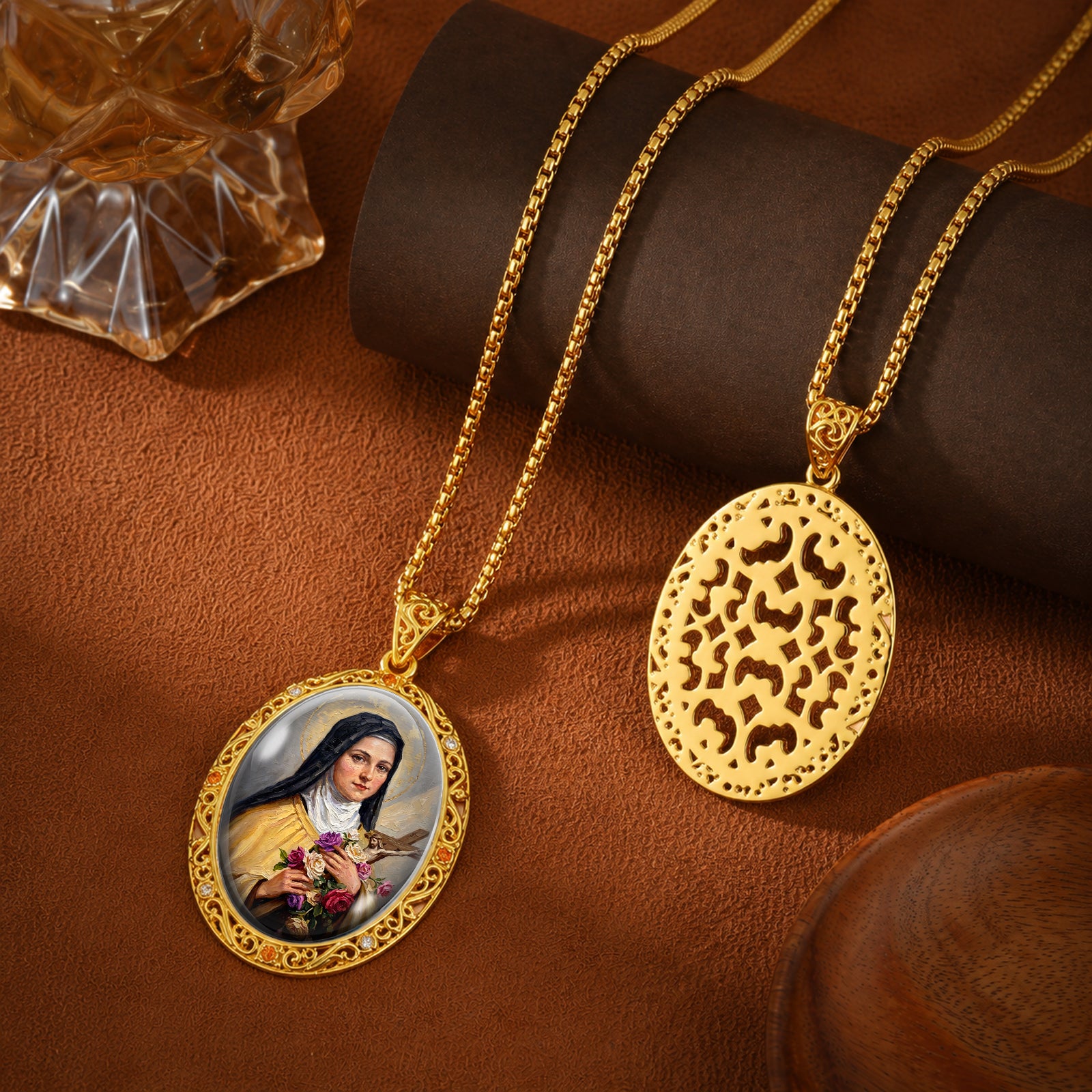 Saint Therese Little Flower Necklace, 18K Gold Plated Enamel Pendant, Zircon Accents