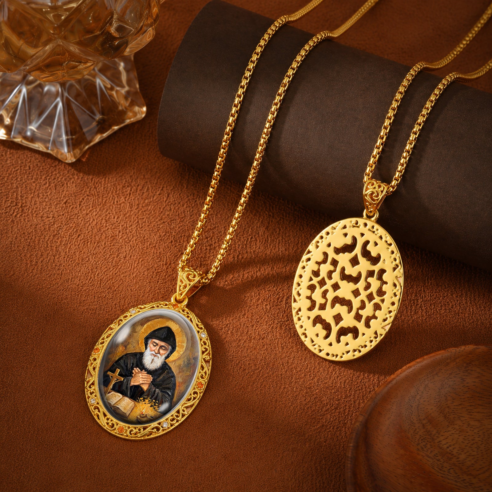 GIVELUCK 18k Plated Gold Catholic Saint Charbel Devotional Medal Enamel Pendant Necklace