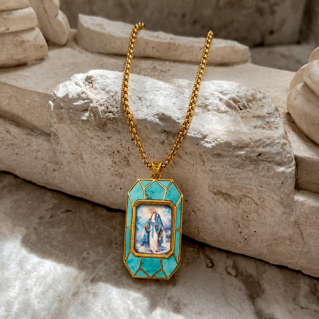 Miraculous Medal Necklace, Hand-Painted Virgin Mary Pendant, 18K Gold Plated, Turquoise Inlay