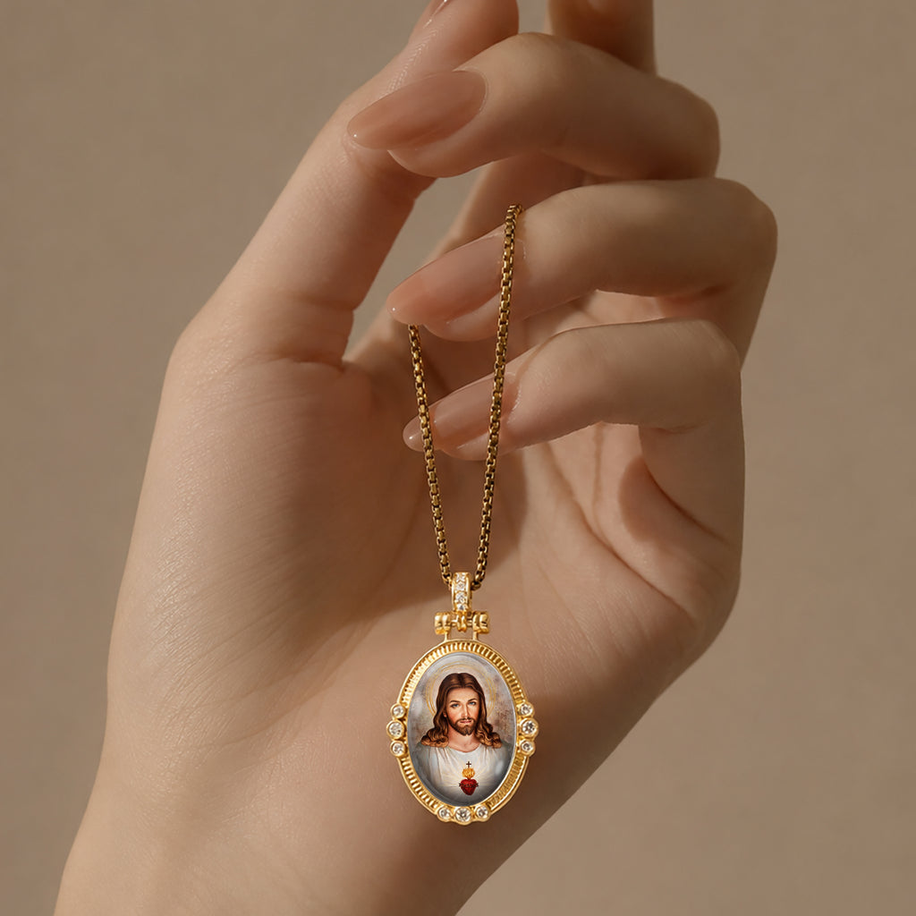 18K Gold Plated Sacred Heart Jesus Pendant Necklace, Enamel Catholic Jewelry with Zircon Accents