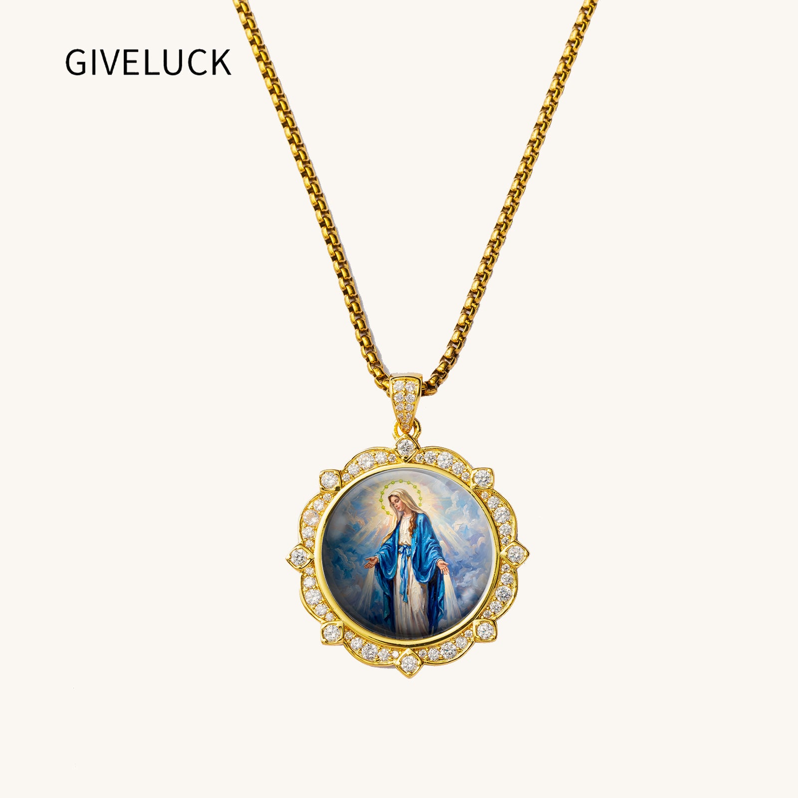 GIVELUCK 18k Plated Gold Pendant Necklace Enamel Eternal Halo Miraculous Medal for Women and Men
