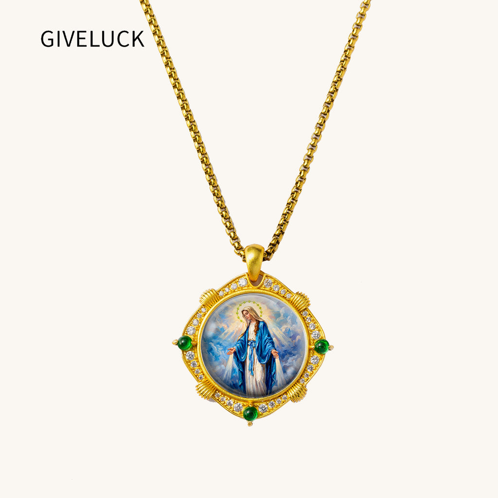 GIVELUCK 18k Plated Gold Pendant Necklace Enamel Eternal Halo Miraculous Medal for Women and Men