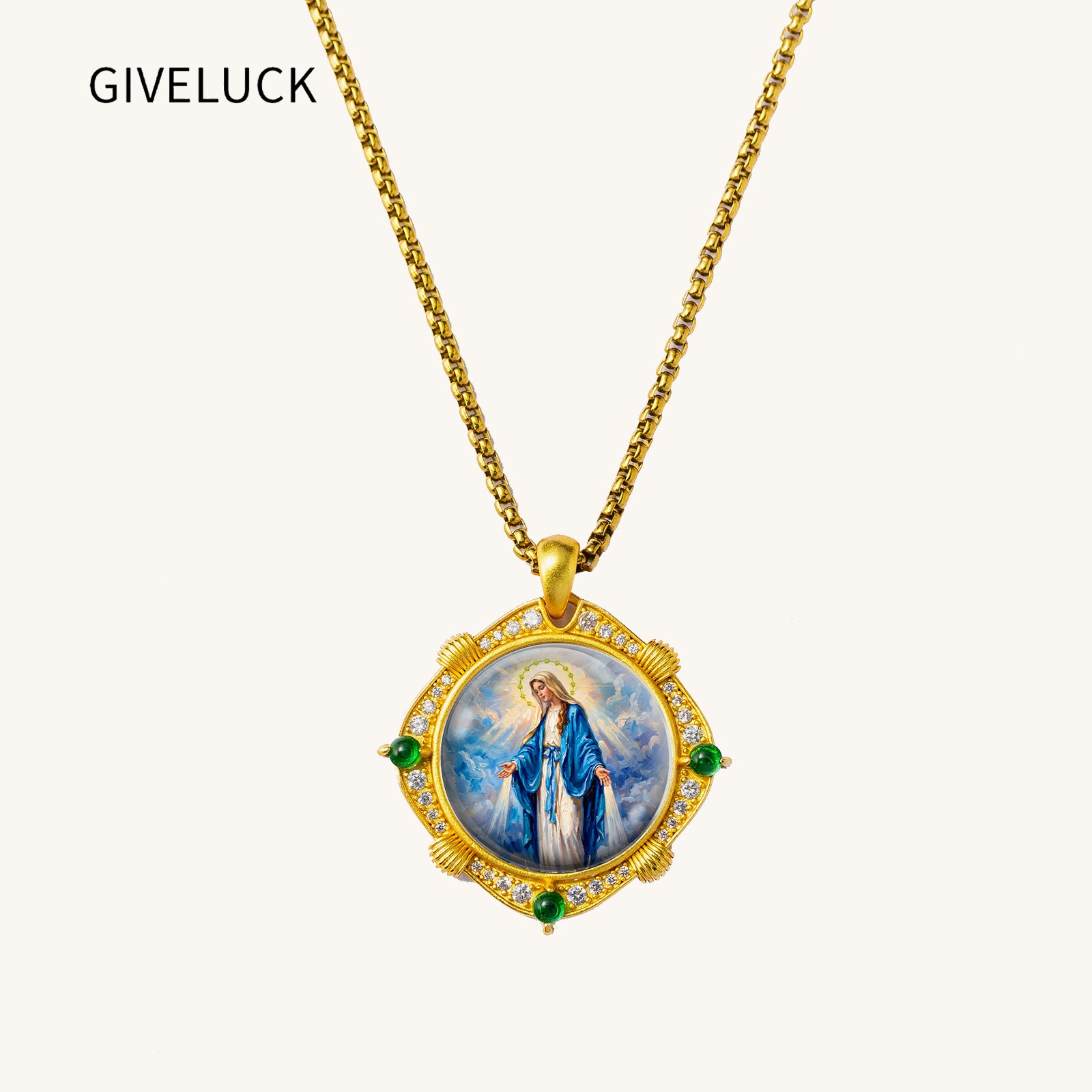 GIVELUCK 18k Plated Gold Pendant Necklace Enamel Eternal Halo Miraculous Medal for Women and Men