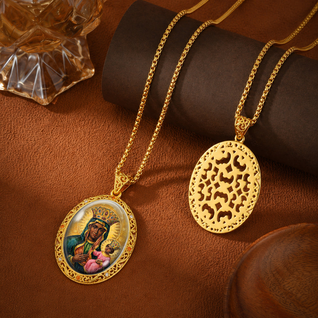 Black Madonna Enamel Pendant Necklace, 18K Gold Plated Virgin Mary Religious Jewelry