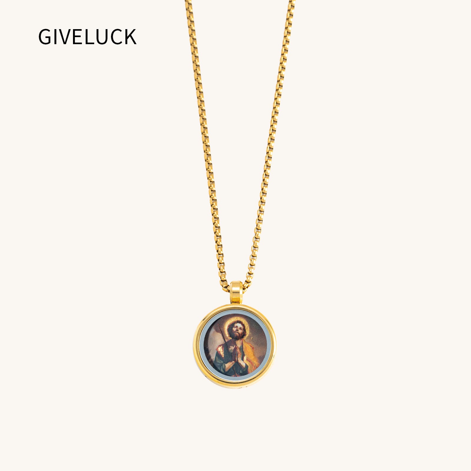 GIVELUCK 18k Plated Gold Pendant Necklace Cameo Embossing Catholic Medal Saint James Devotional Protection Medal for Men and Women
