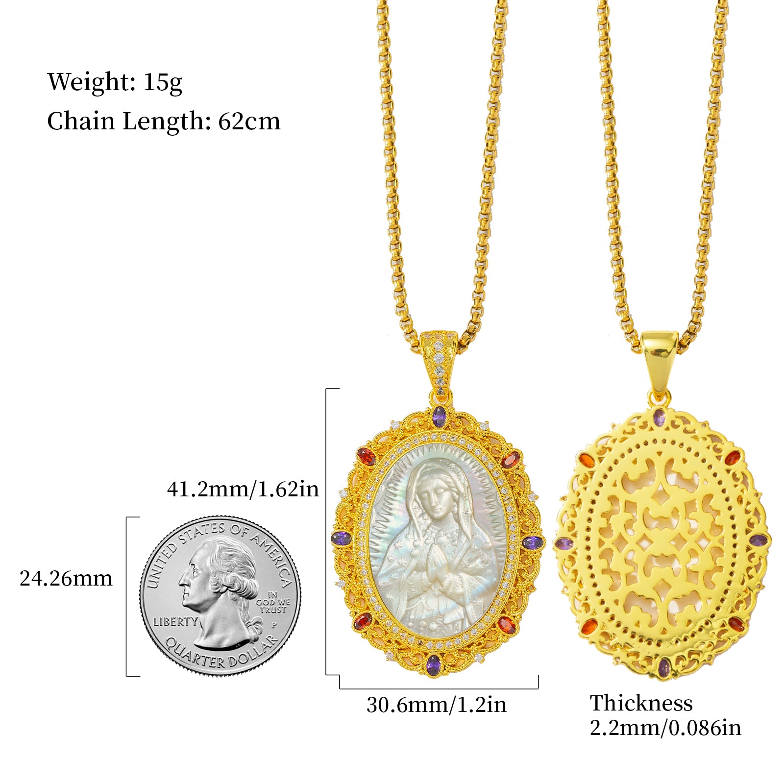 Our Lady of Guadalupe Mother of Pearl Cameo, 18K Gold Plated Virgin Mary Pendant