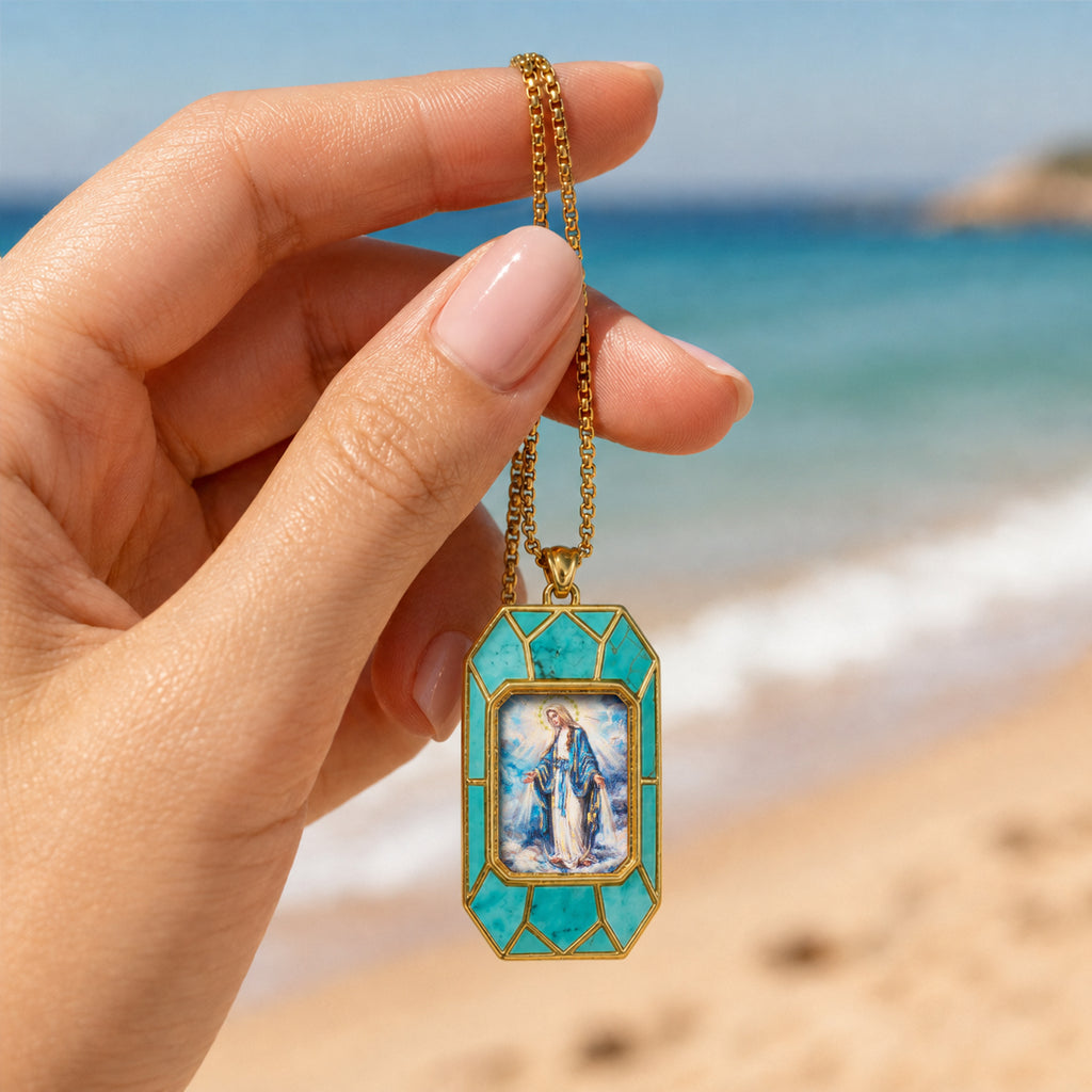 Miraculous Medal Necklace, Hand-Painted Virgin Mary Pendant, 18K Gold Plated, Turquoise Inlay