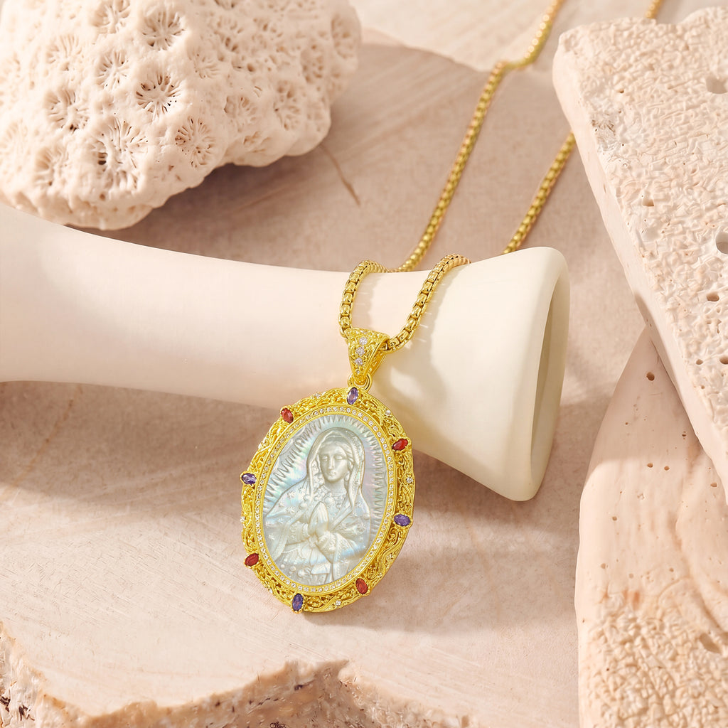 Our Lady of Guadalupe Mother of Pearl Cameo, 18K Gold Plated Virgin Mary Pendant