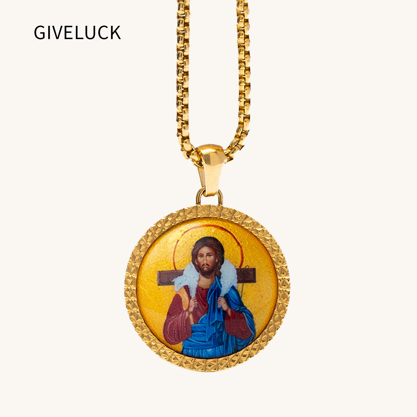 GIVELUCK 18k Plated Gold Pendant Necklace Enamel the Good Shepherd Divine Light Jesus Christ Devotional Medal for Men and Women