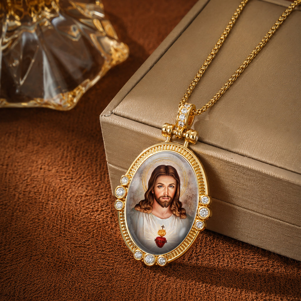 18K Gold Plated Sacred Heart Jesus Pendant Necklace, Enamel Catholic Jewelry with Zircon Accents