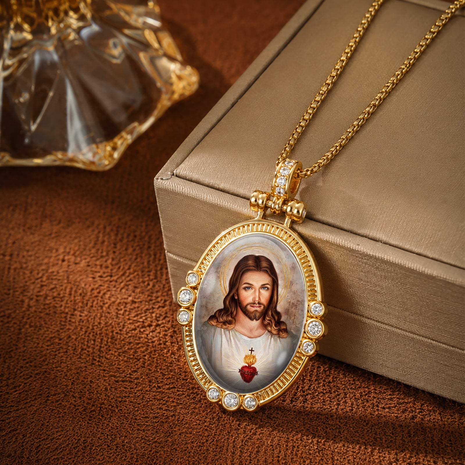 18K Gold Plated Sacred Heart Jesus Pendant Necklace, Enamel Catholic Jewelry with Zircon Accents