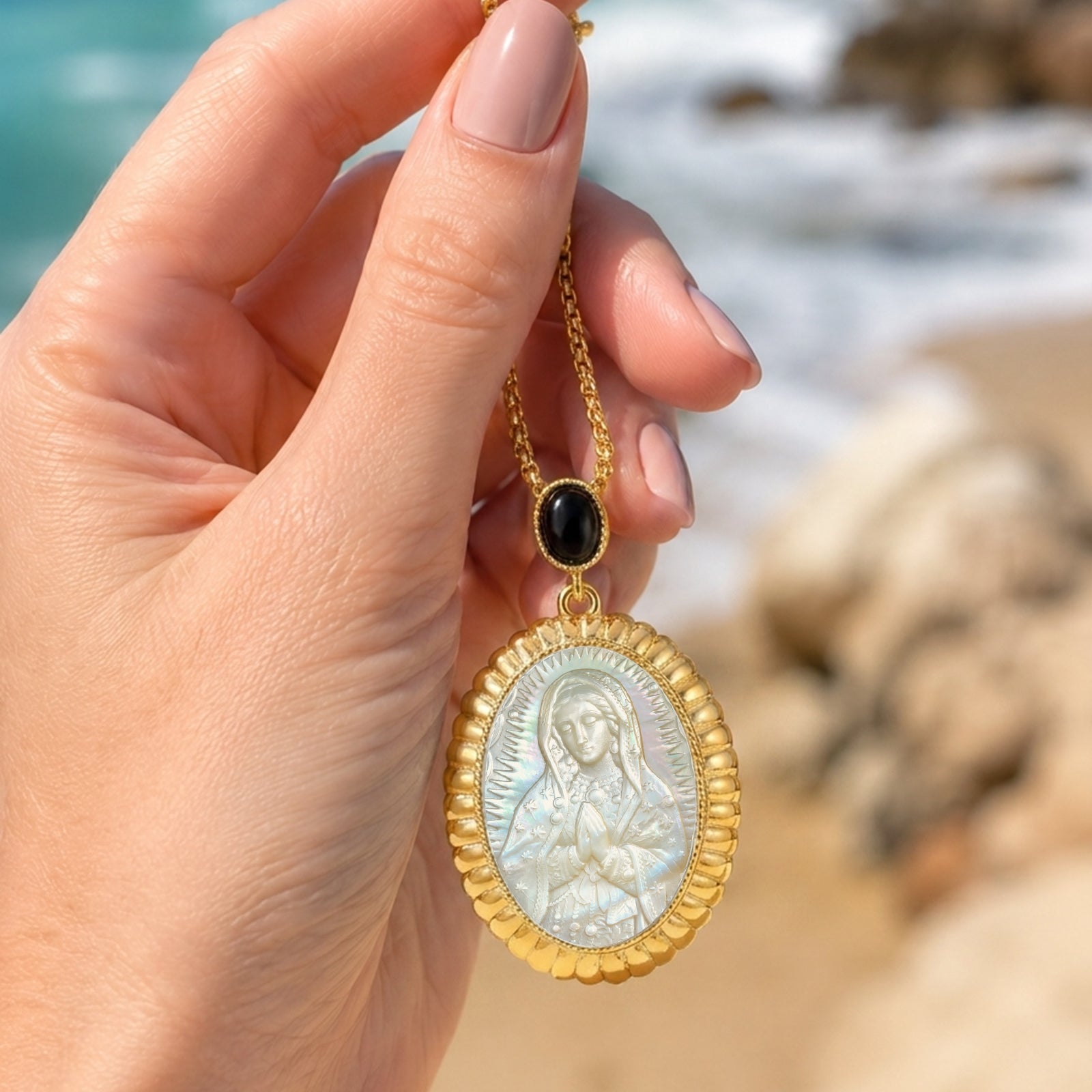 Our Lady of Guadalupe Mother of Pearl Cameo, 18K Gold Plated Virgin Mary Pendant