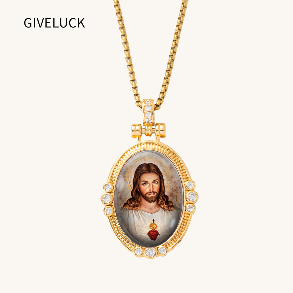 18K Gold Plated Sacred Heart Jesus Pendant Necklace, Enamel Catholic Jewelry with Zircon Accents