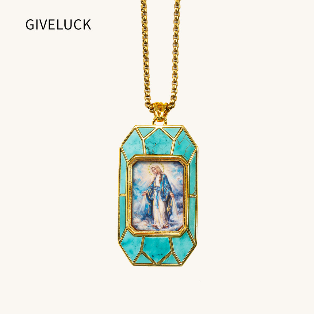 Miraculous Medal Necklace, Hand-Painted Virgin Mary Pendant, 18K Gold Plated, Turquoise Inlay