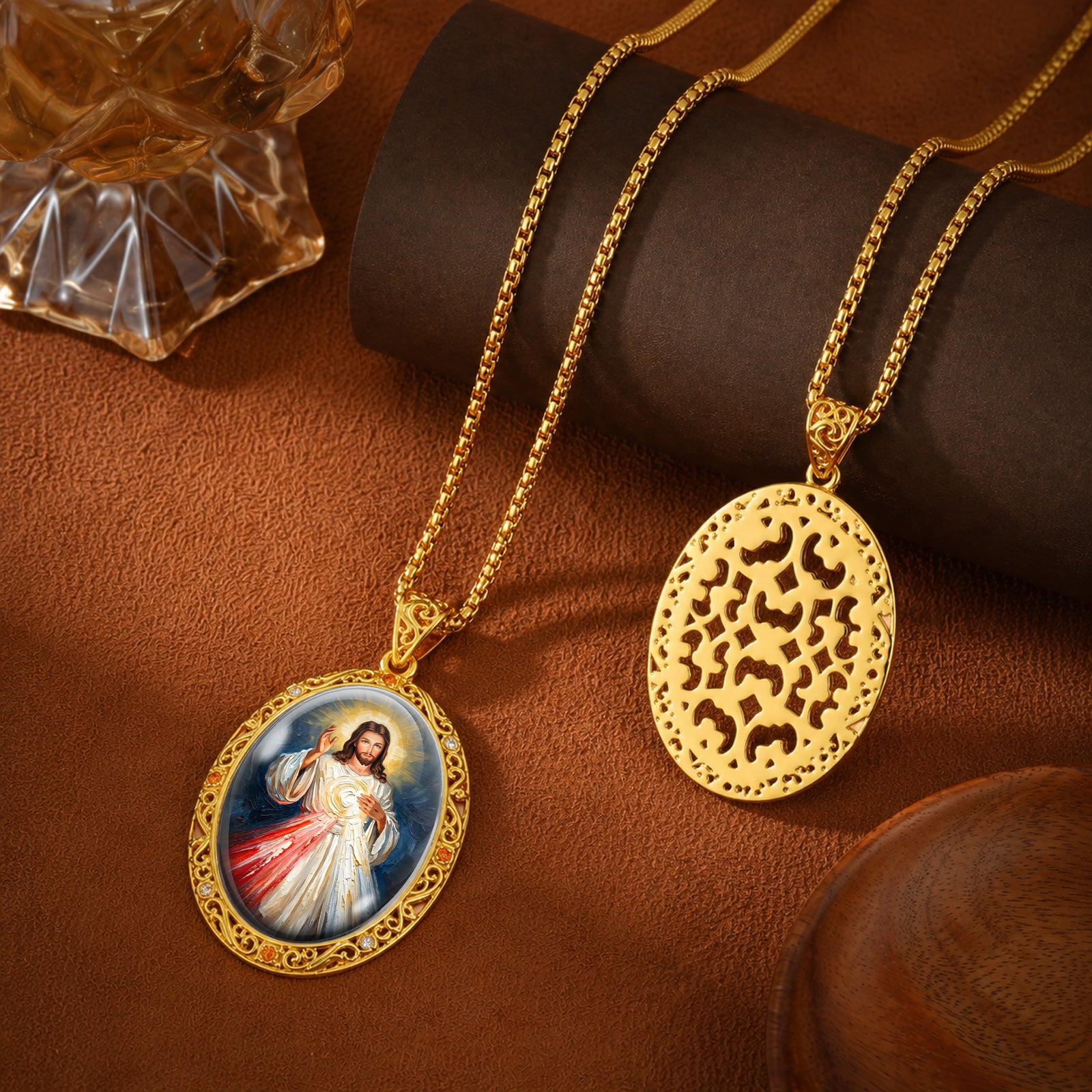 Divine Mercy Jesus Necklace, 18K Gold Plated Enamel Pendant, Zircon Accents Catholic Jewelry