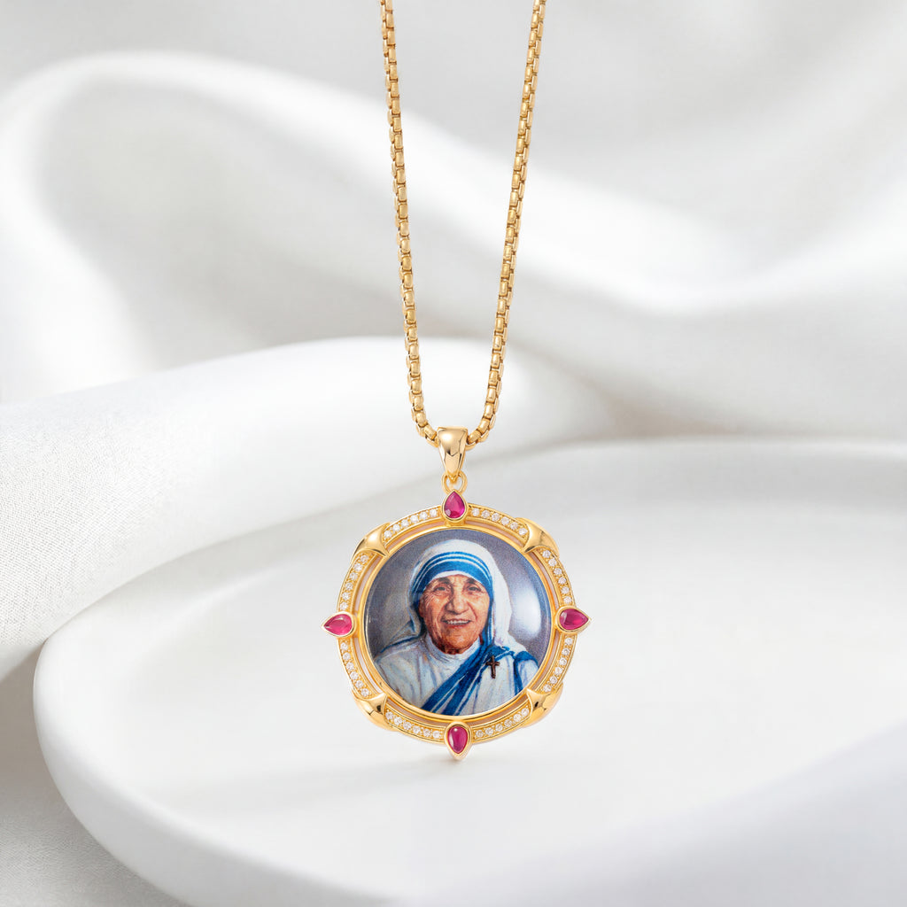 GIVELUCK 18k Plated Gold Enamel Pendant Ruby St.Teresa of Calcutta Protection Necklace for Men and Women