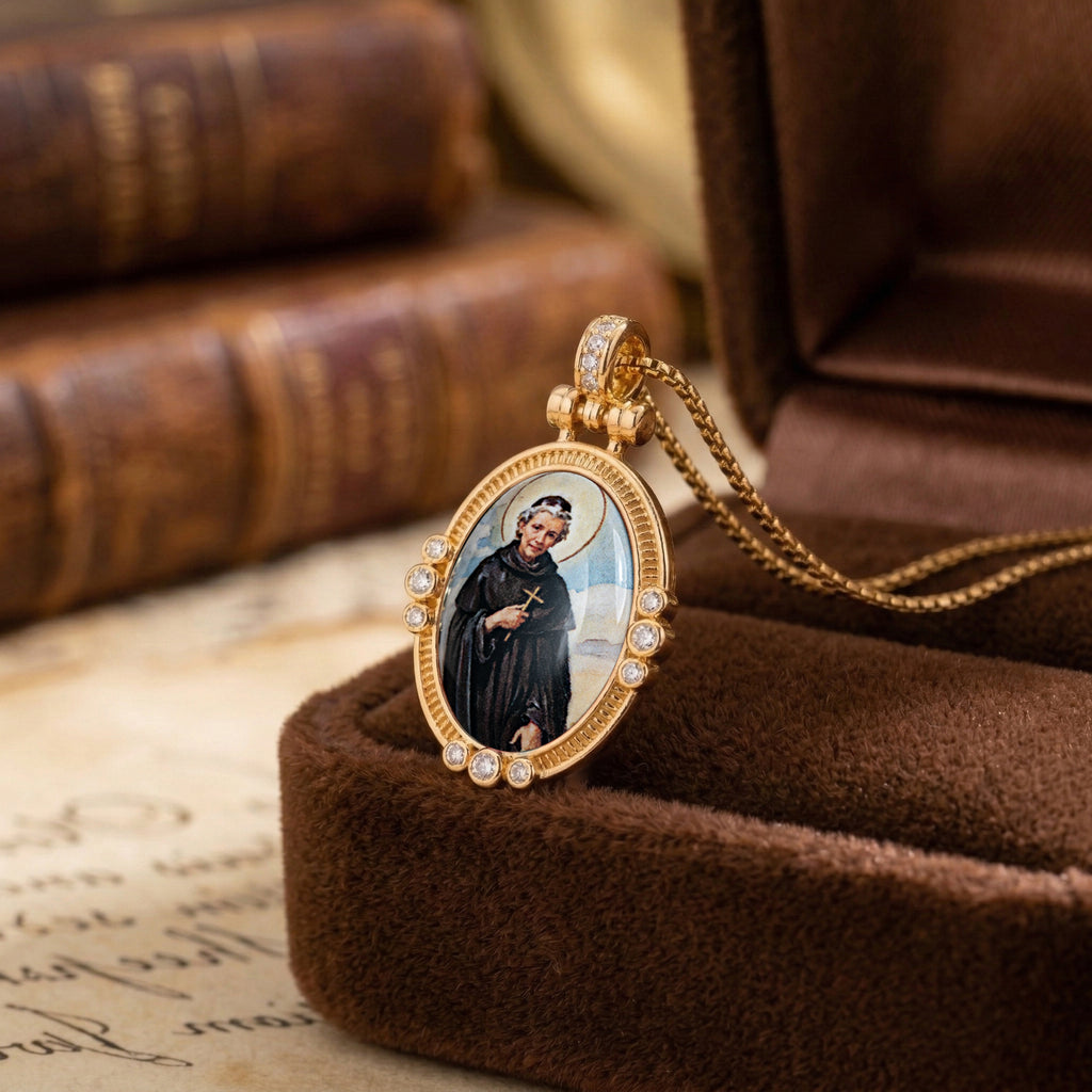 GIVELUCK 18k Plated Gold Pendant Necklace Enamel Eternal Halo Saint Peregrine Protection Necklace for Women and Men
