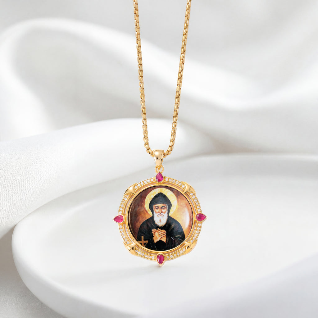 GIVELUCK 18k Plated Gold Catholic Saint Charbel Devotional Medal Enamel Pendant Necklace
