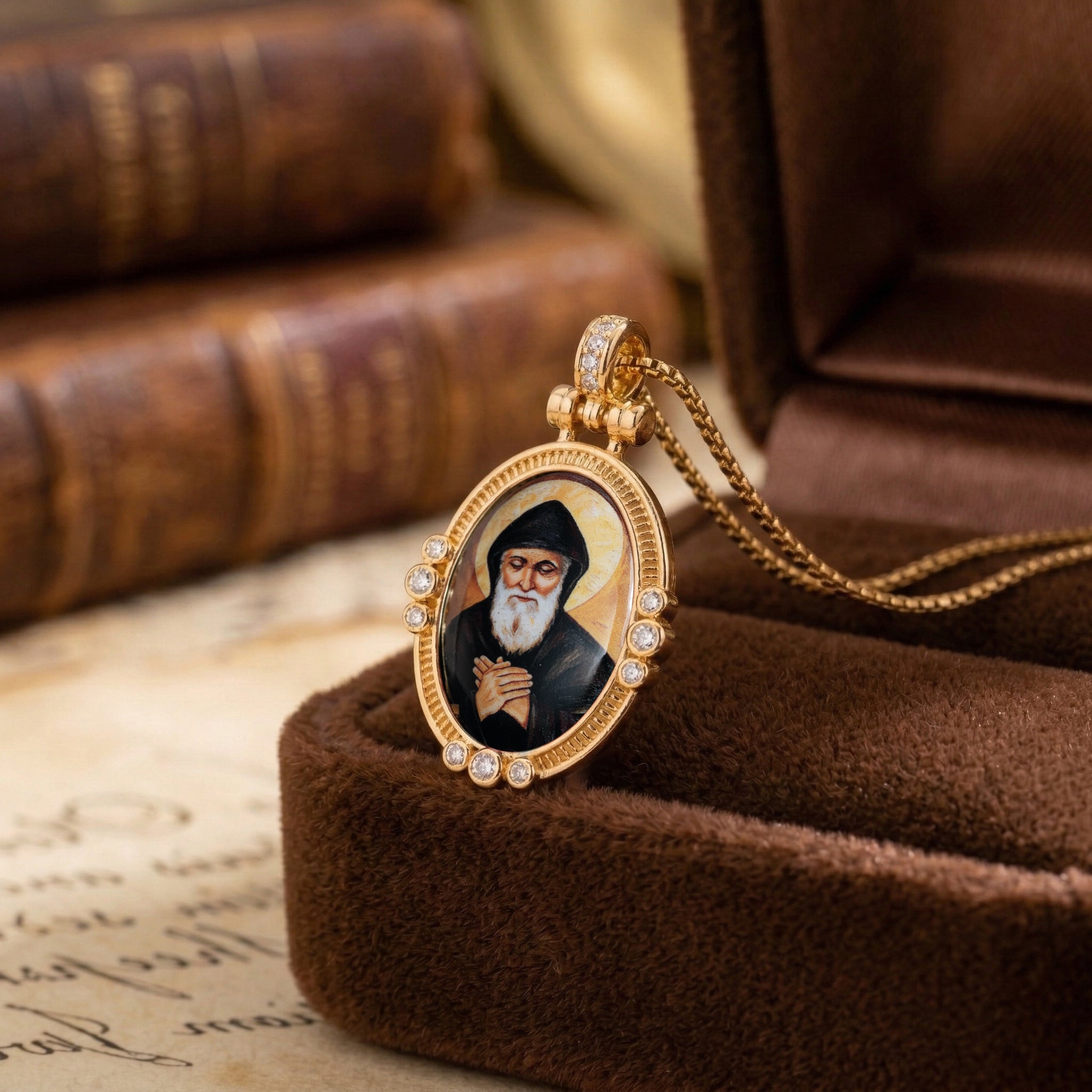 GIVELUCK 18k Plated Gold Pendant Necklace Enamel Eternal Halo St. Charbel Protection Necklace for Women and Men
